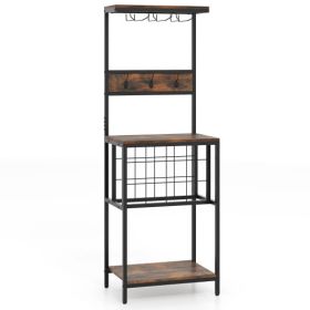 Freestanding Wine Rack Floor Wine Bar Cabinet with Glass Racks-Rustic Brown