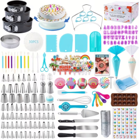 Cake decorating kit, 655 pieces of decorations, including 3 springform pan covers, icing nozzle, rotating pan cake cover, piping bag, stand