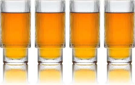 Greenline Goods Ripple Drinking Glasses - 12 oz Modern Kitchen Glassware Set Unique Vintage Cups For Weddings, Cocktails Or Modern Bar - Set of 4