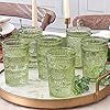 Vintage Ribbed Green Drinking Glasses Set of 6-13 oz Embossed Glass Cups for Water, Iced Tea, Cocktails - Colored Glassware for Kitchen